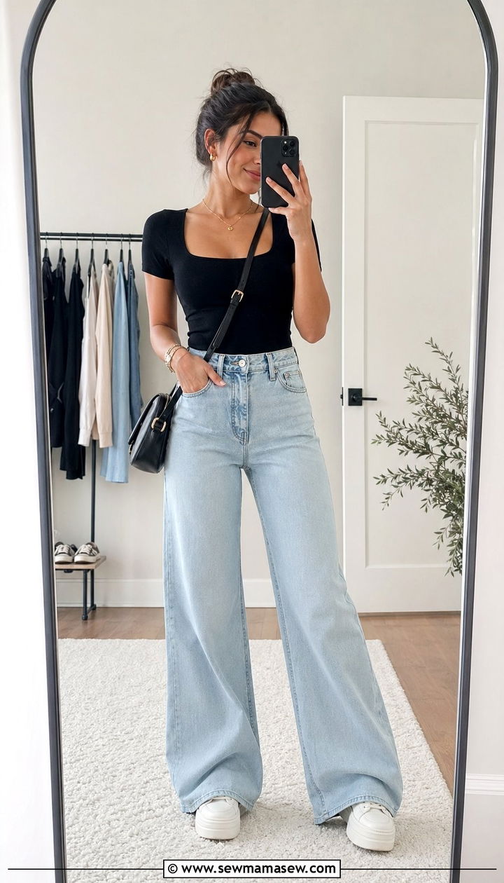 Square neck top with wide leg jeans - 30 Best tops for petite women