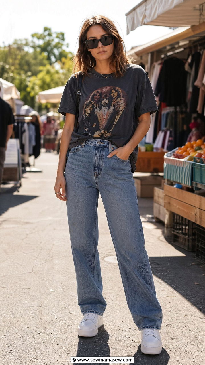 Square retro sunglasses with graphic tee - 35 Sunglasses outfit ideas