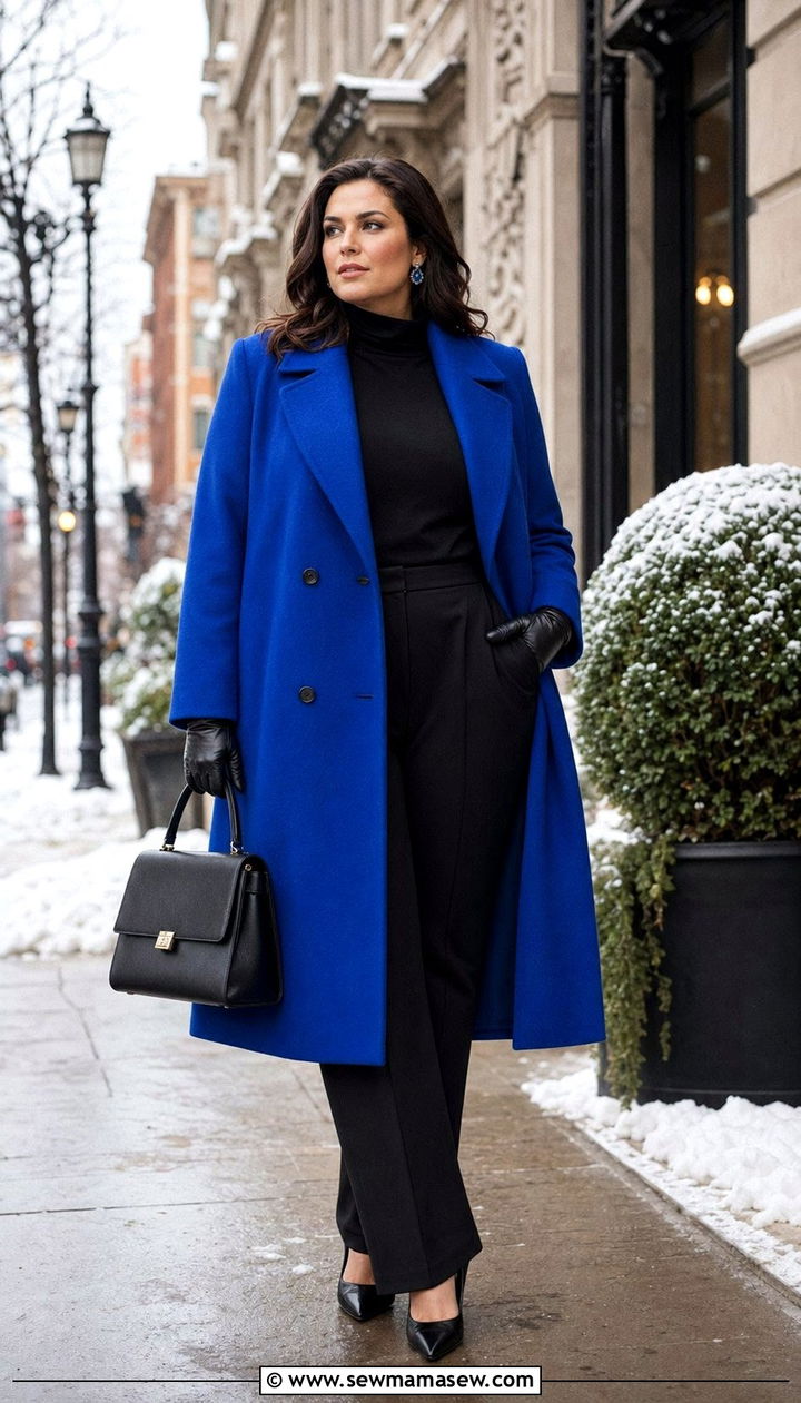 Statement Coat Turtleneck and Tailored Trousers - 35 Plus size outfit ideas size 22