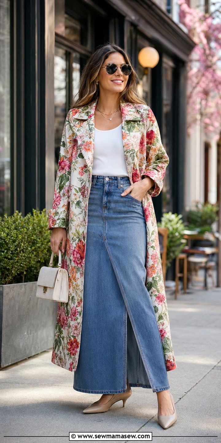 Statement Coat With Denim Maxi Skirt - 30 What to wear to spring brunch