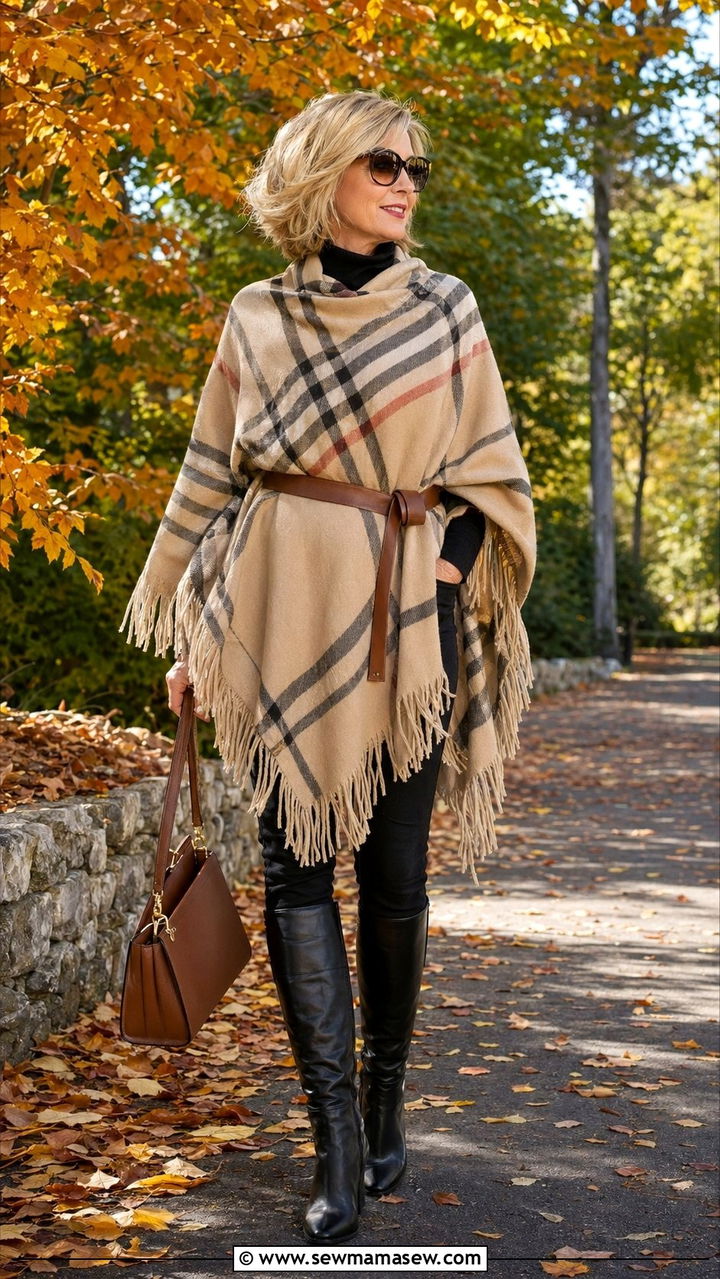 Statement Poncho with Slim Fit Jeans and Knee High Boots - 35 Parisian outfits for women over 50