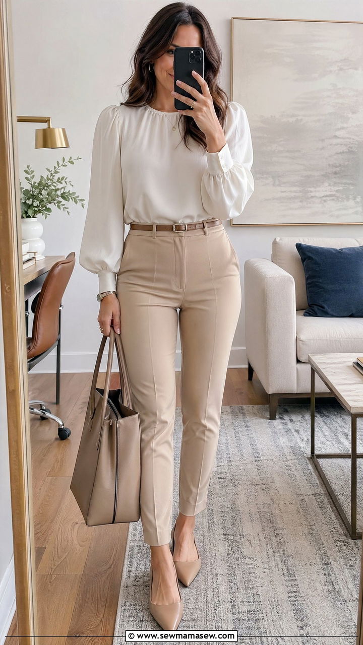 Statement Sleeve Blouse With Tailored Trousers - 35 summer business casual outfits