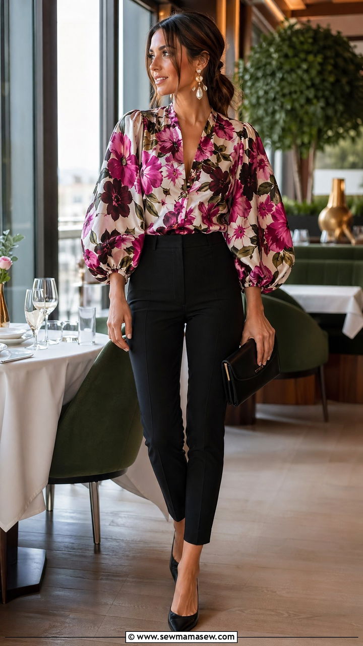 Statement Sleeve Blouse with Slim Trousers - 35 spring mother's day outfit ideas