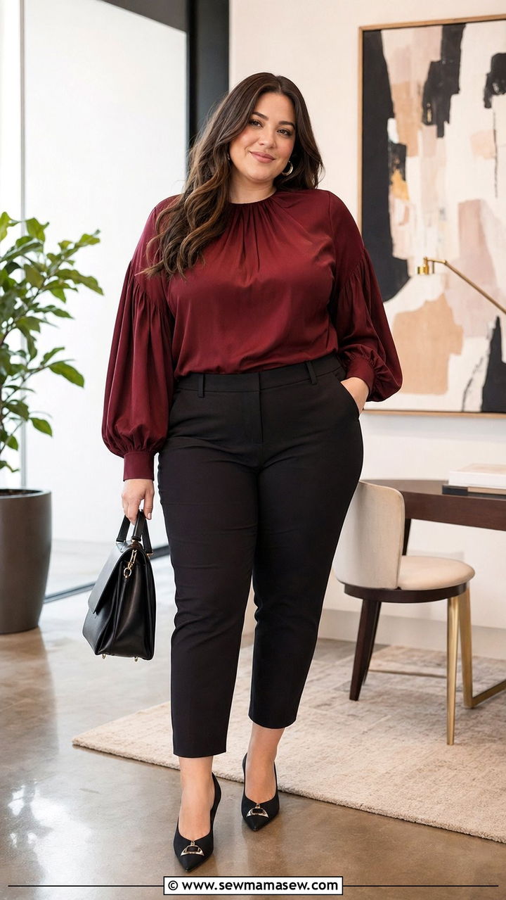Statement Sleeve Top with Slim Fit Trousers Outfit - 30 Best tops for plus size