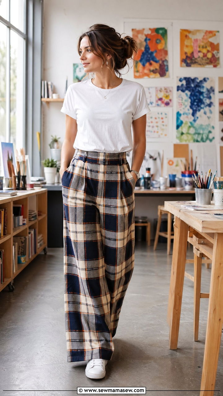 Statement Trousers With Neutral Top and Sneakers - 35 teacher outfits for women