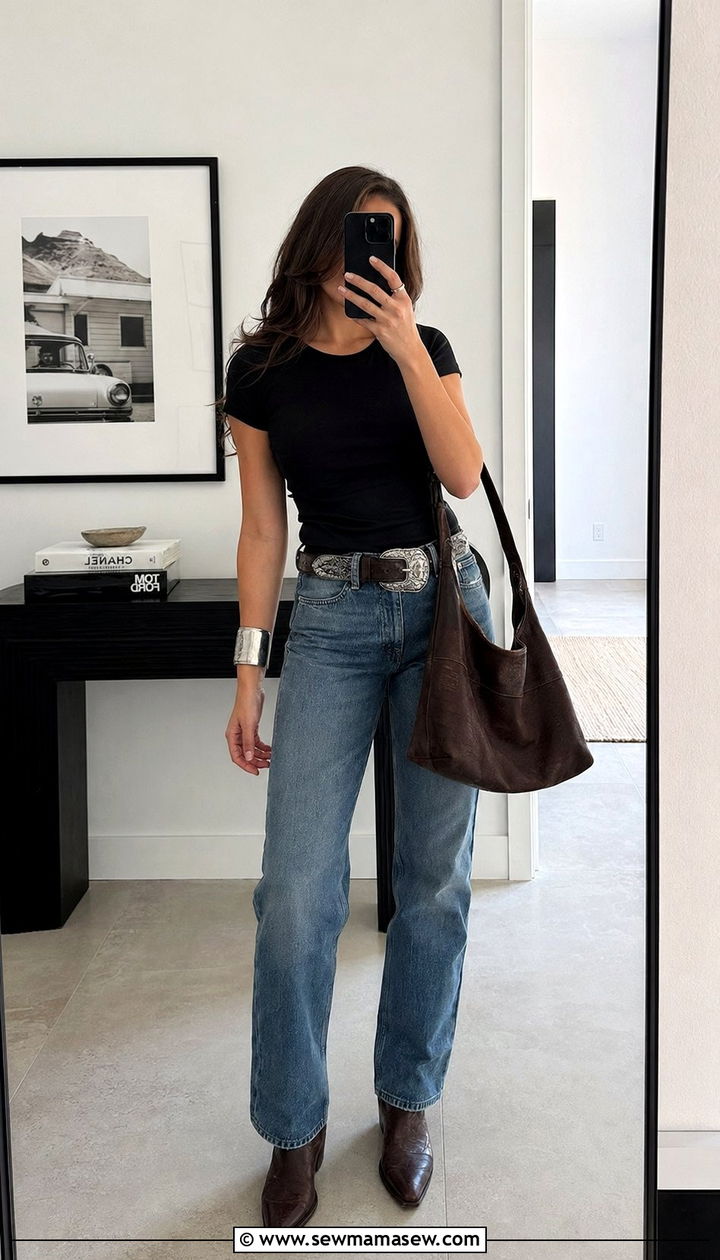 Statement belt with jeans and simple top outfit - 30 Western outfit ideas with jeans