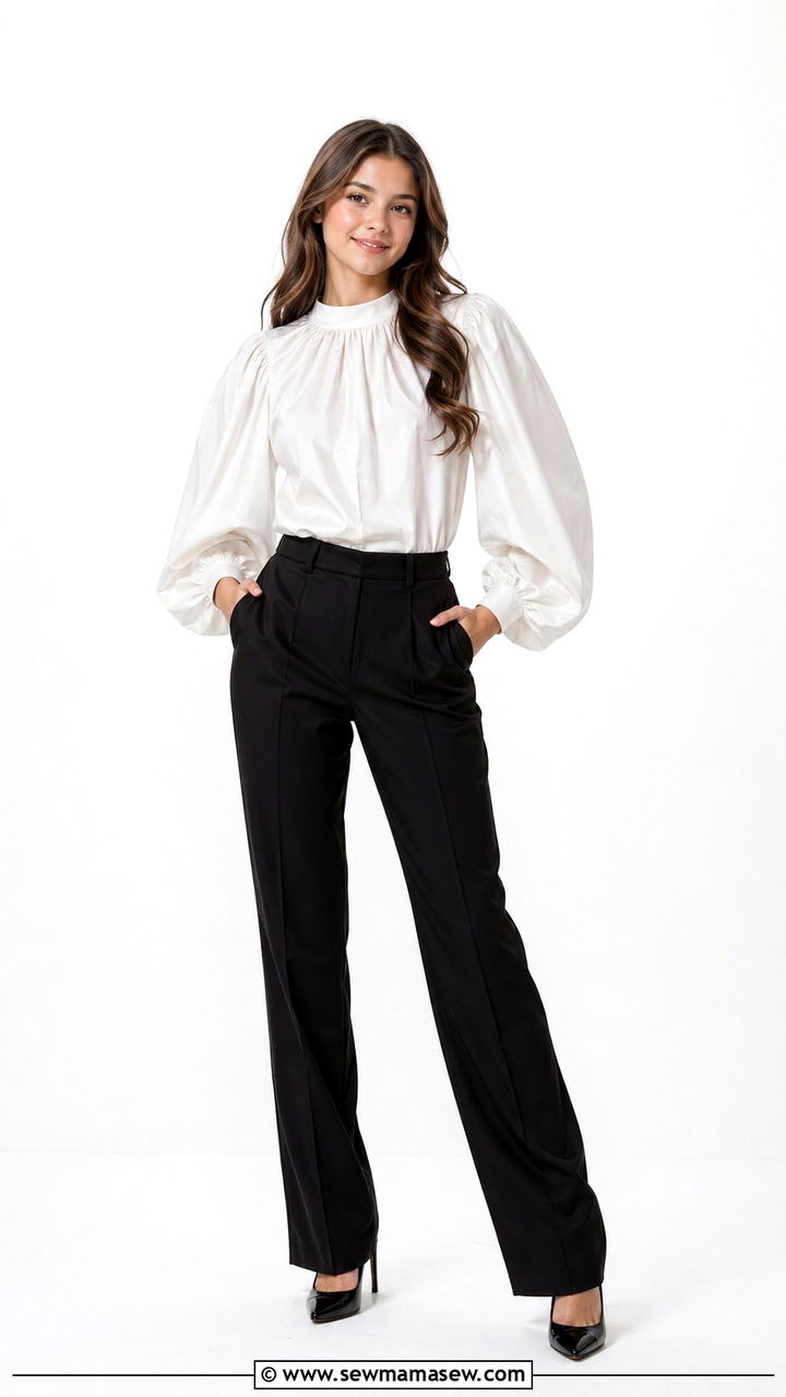 Statement blouse and tailored trousers for senior pictures - 30 Senior photoshoot outfit ideas