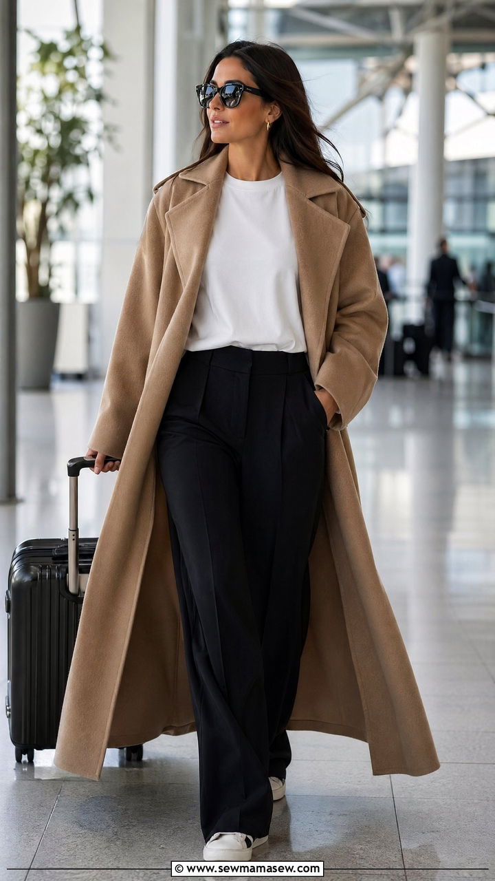 Statement coat with tee and trousers long flight - 40 Long flight outfit ideas