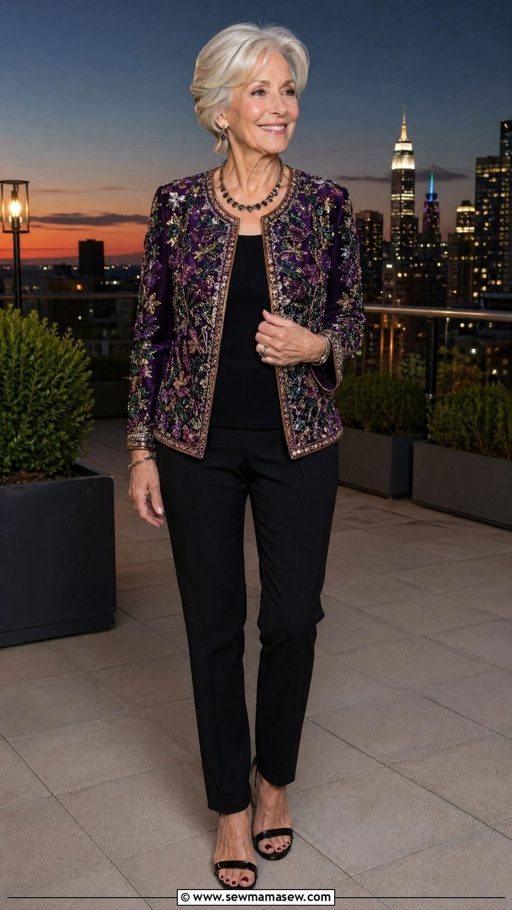Statement jacket with black slim pants outfit - 35 Classy outfit ideas for women over 60