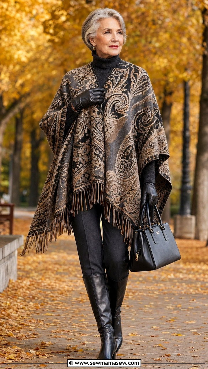 Statement poncho ensemble - 35 Outfit ideas for women over 60