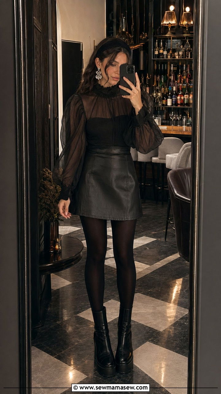 Statement puff sleeve top with a faux leather mini skirt - 30 Whimsigoth outfit ideas