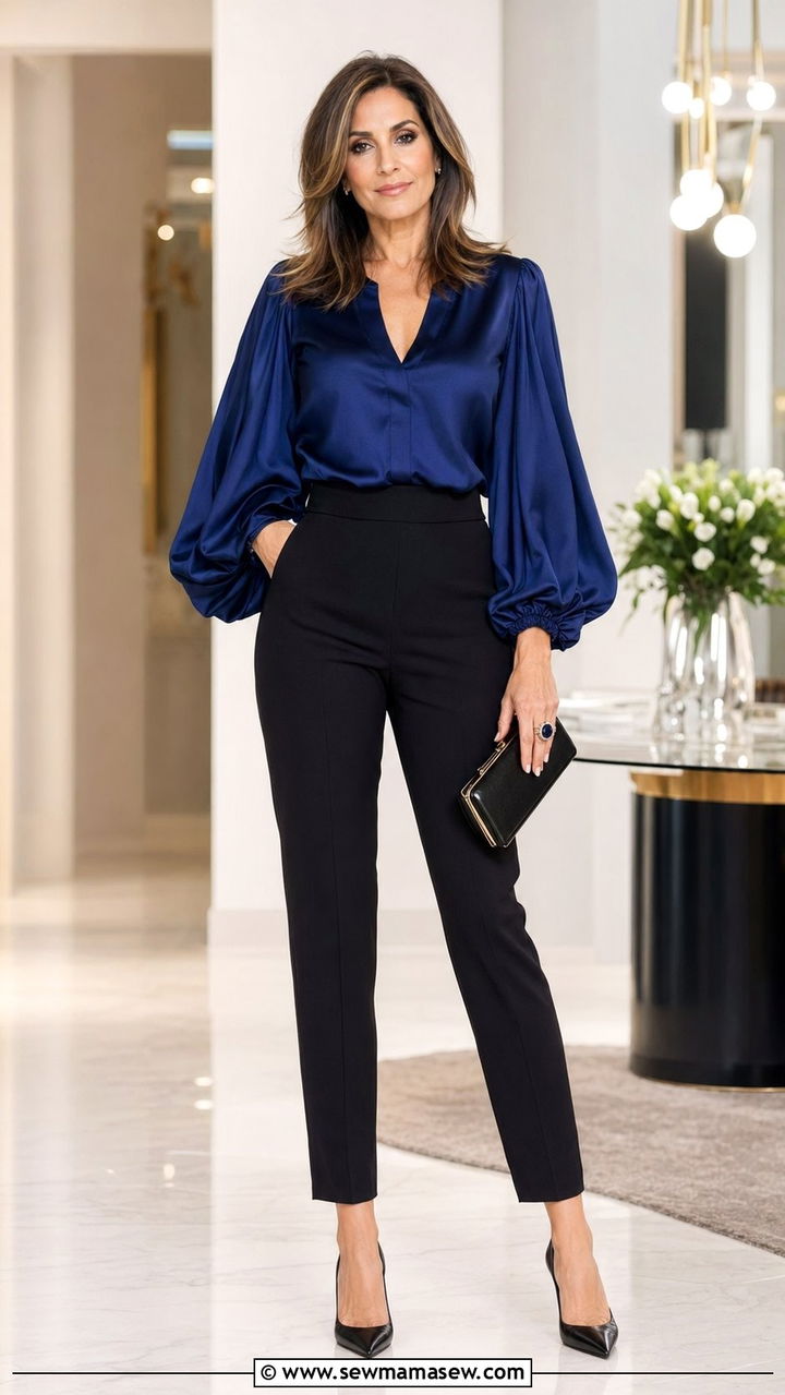 Statement sleeve blouse with cigarette pants evening look over 40 - 35 Night out outfit ideas women over 40