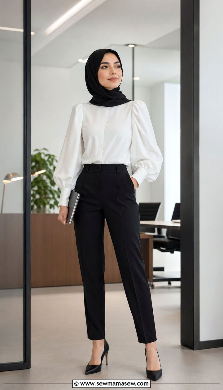 Statement sleeve blouse with straight trousers - 35 Modest outfit ideas for Muslim women