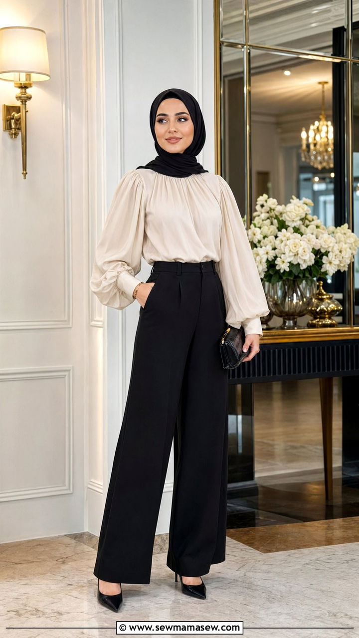 Statement sleeve blouse with wide leg pants - 35 Modest outfit ideas for hijabis
