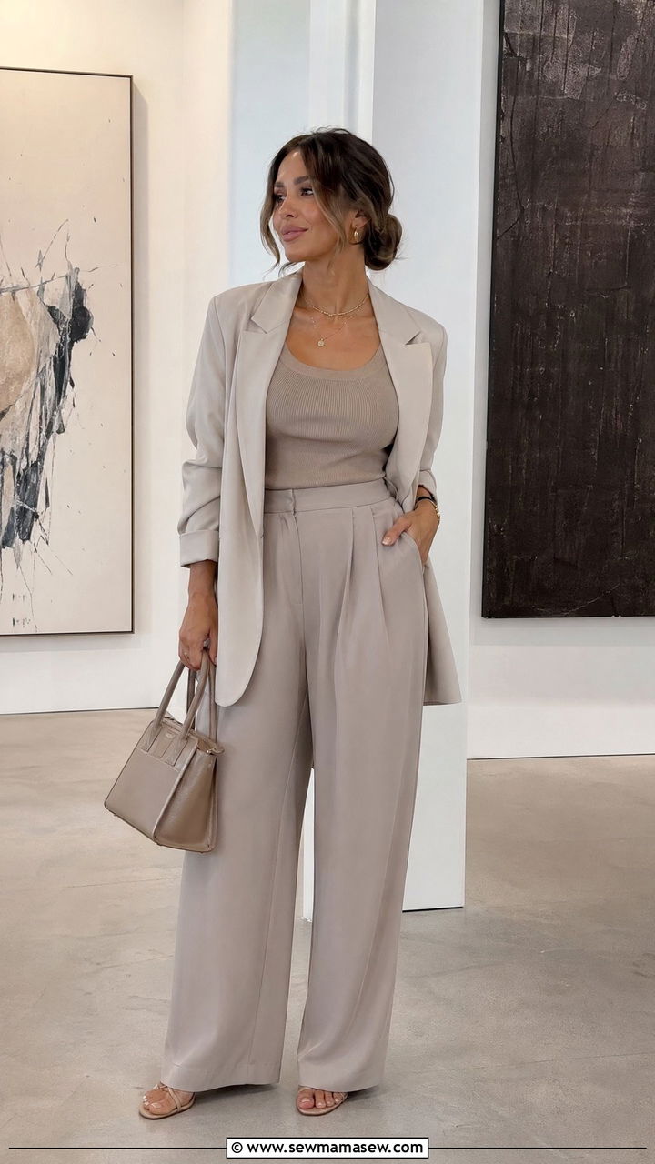 Stone Colored Fluid Pants with Knit Tank and Blazer Outfit - 35 classy quiet luxury outfit ideas
