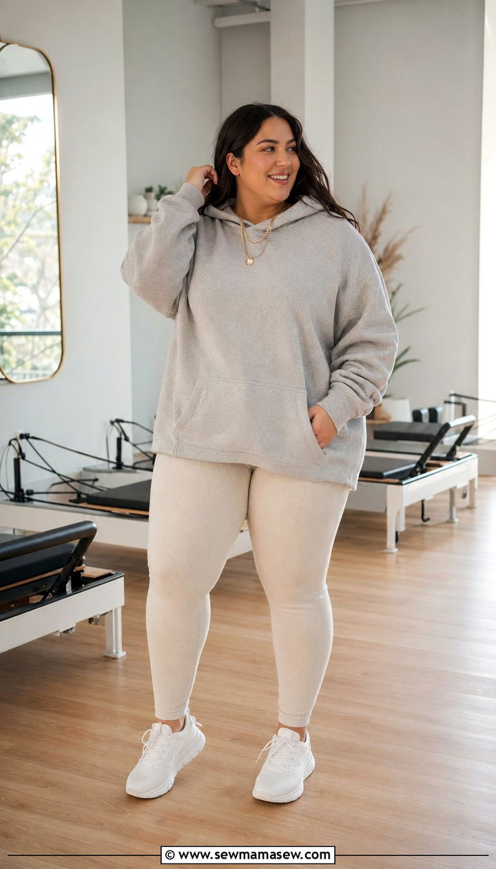 Stone Grey Boyfriend Hoodie With Oatmeal Ribbed Leggings - 35 Plus size gym outfit ideas