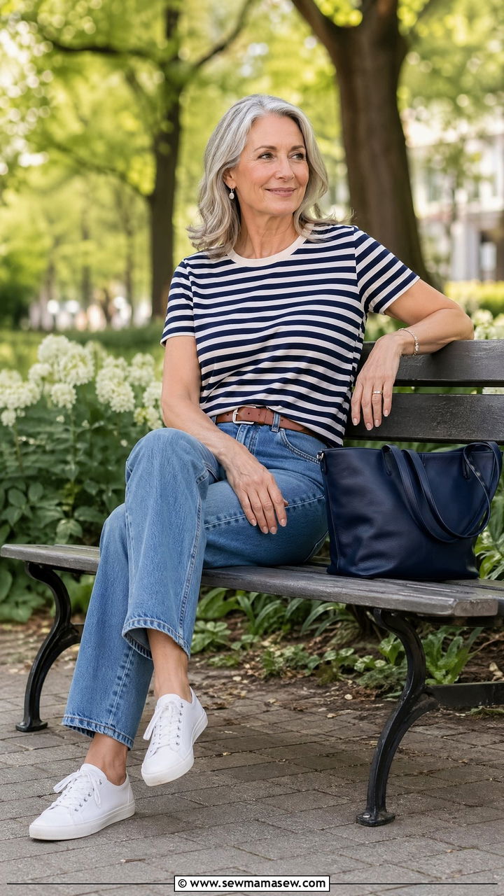 Straight Leg Jeans With A Striped Long Sleeve Tee Outfit For Women Over 50 - 35 Casual outfits for women over 50