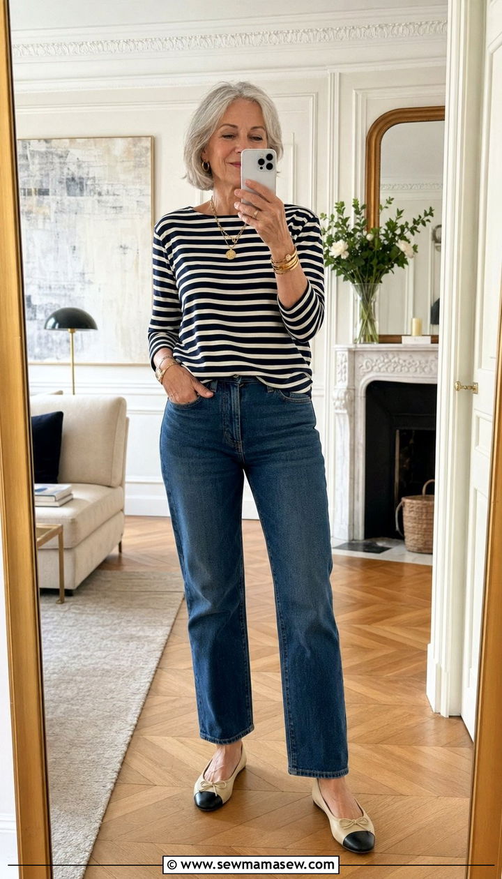 Straight Leg Jeans With Breton Stripe Top And Ballet Flats - 30 Best jeans for women over 60