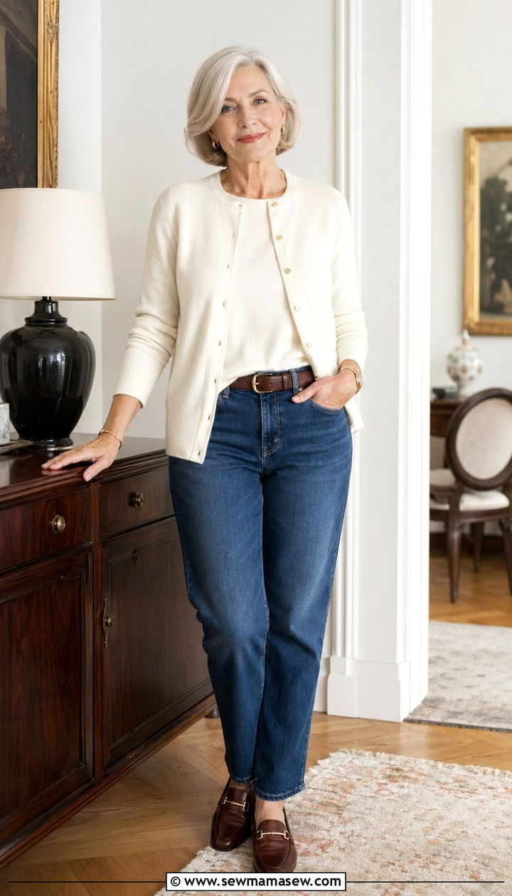 Straight Leg Jeans With Cardigan Twinset And Loafers - 30 Best jeans for women over 60