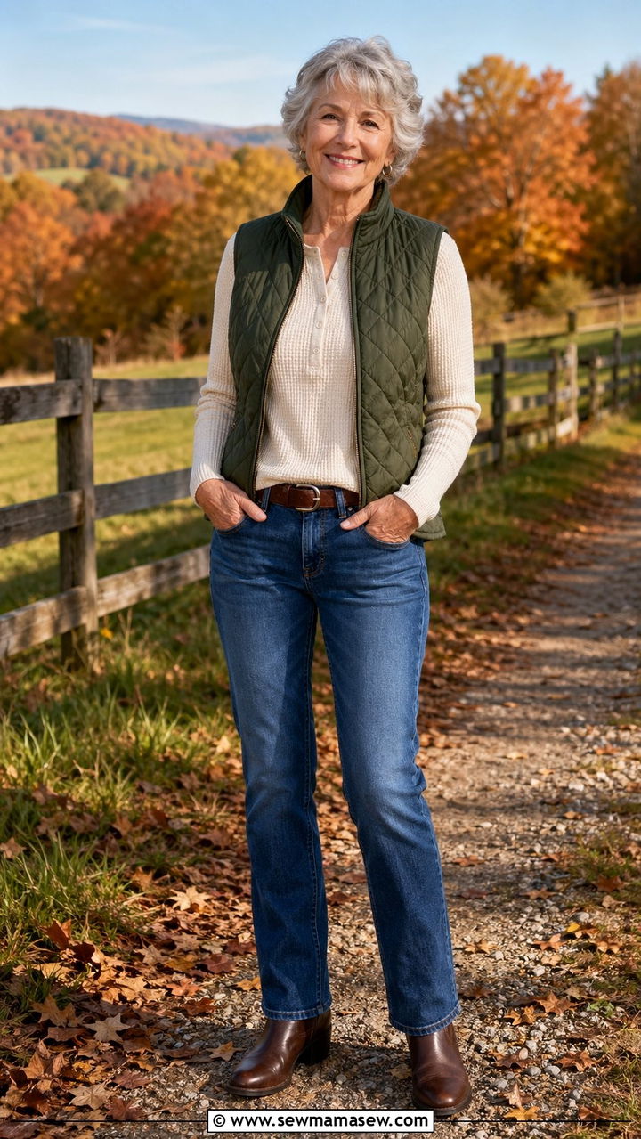 Straight Leg Jeans With Quilted Vest And Ankle Boots - 30 Best jeans for women over 60