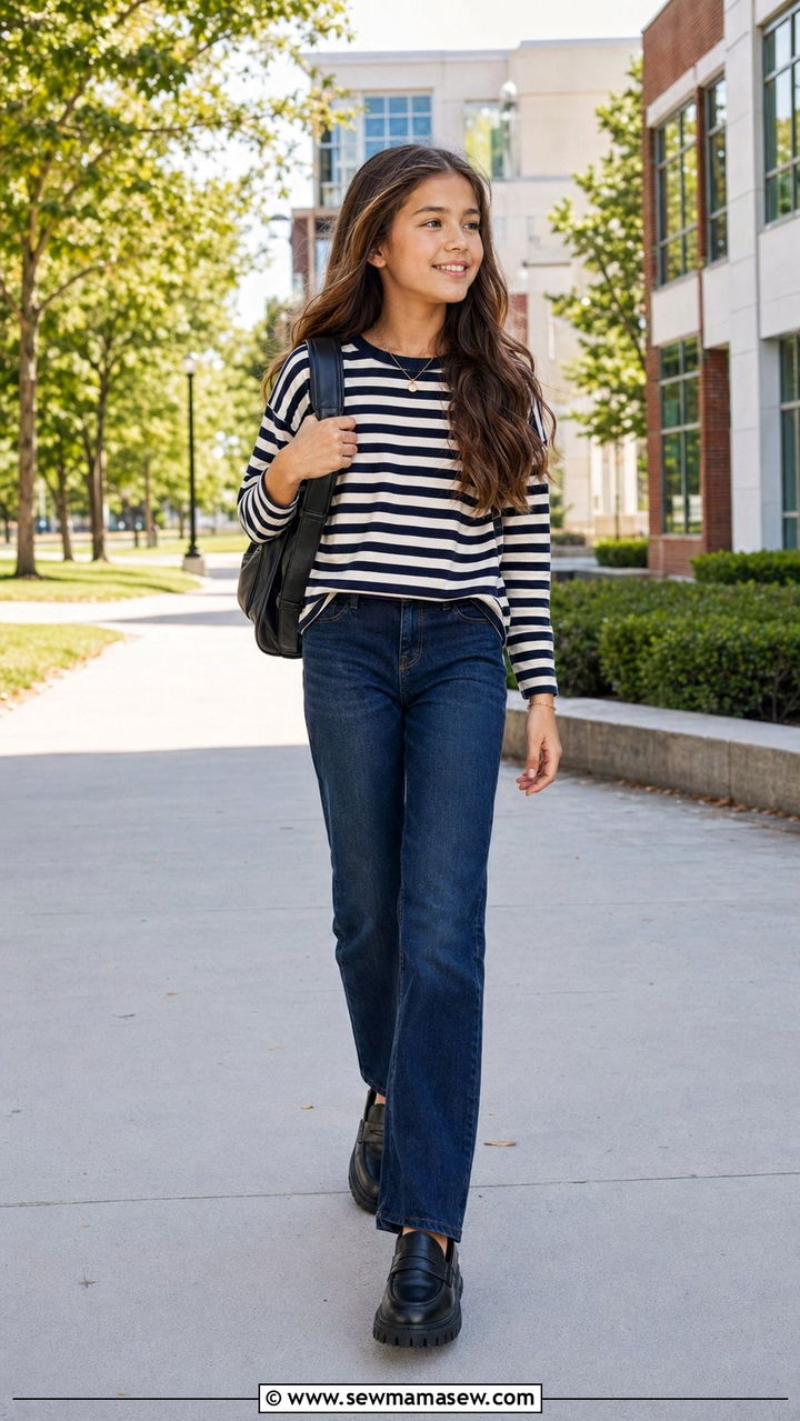 Straight Leg Jeans With Striped Long Sleeve Tee and Loafers - 30 Back to school outfit ideas middle school 2026