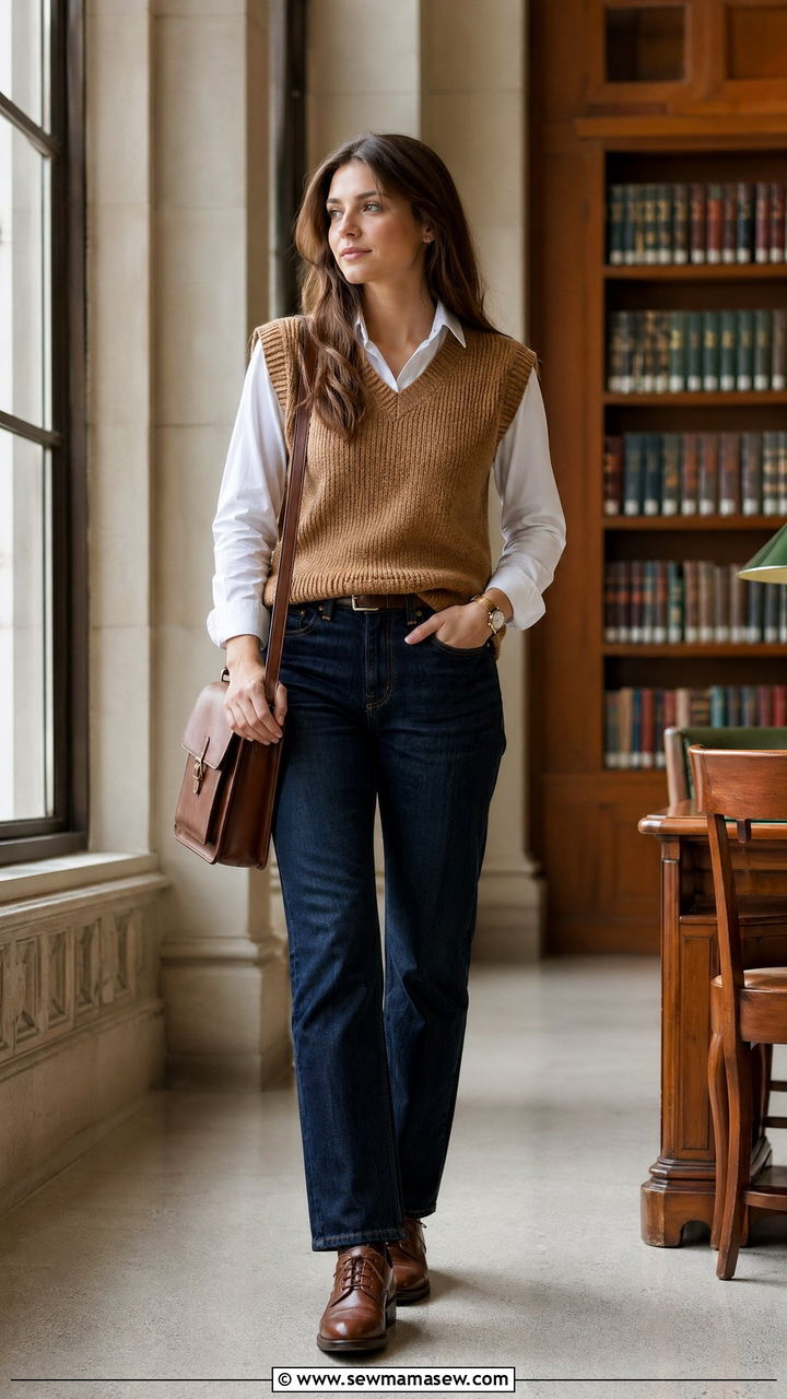 Straight Leg Jeans With Sweater Vest And Oxford Shoes - 35 classy jeans outfits