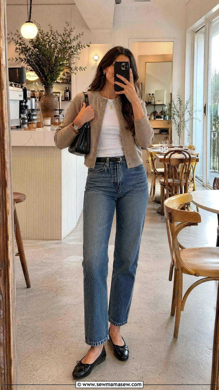 Straight Leg Jeans with Ballet Flats and Cardigan - 35 straight leg jeans outfit ideas