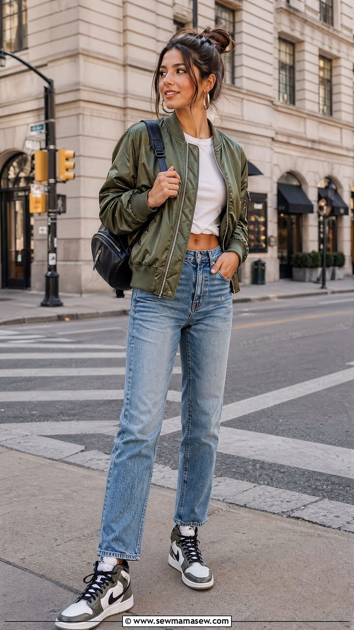 Straight Leg Jeans with Bomber Jacket and High Top Sneakers - 35 straight leg jeans outfit ideas