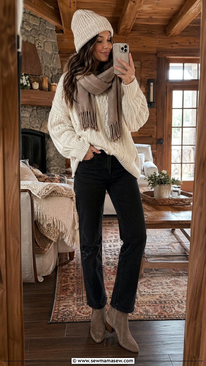 Straight Leg Jeans with Chunky Knit Sweater and Ankle Boots - 35 straight leg jeans outfit ideas