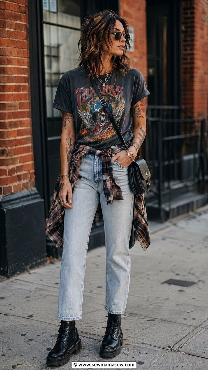 Straight Leg Jeans with Graphic Tee and Combat Boots - 35 straight leg jeans outfit ideas