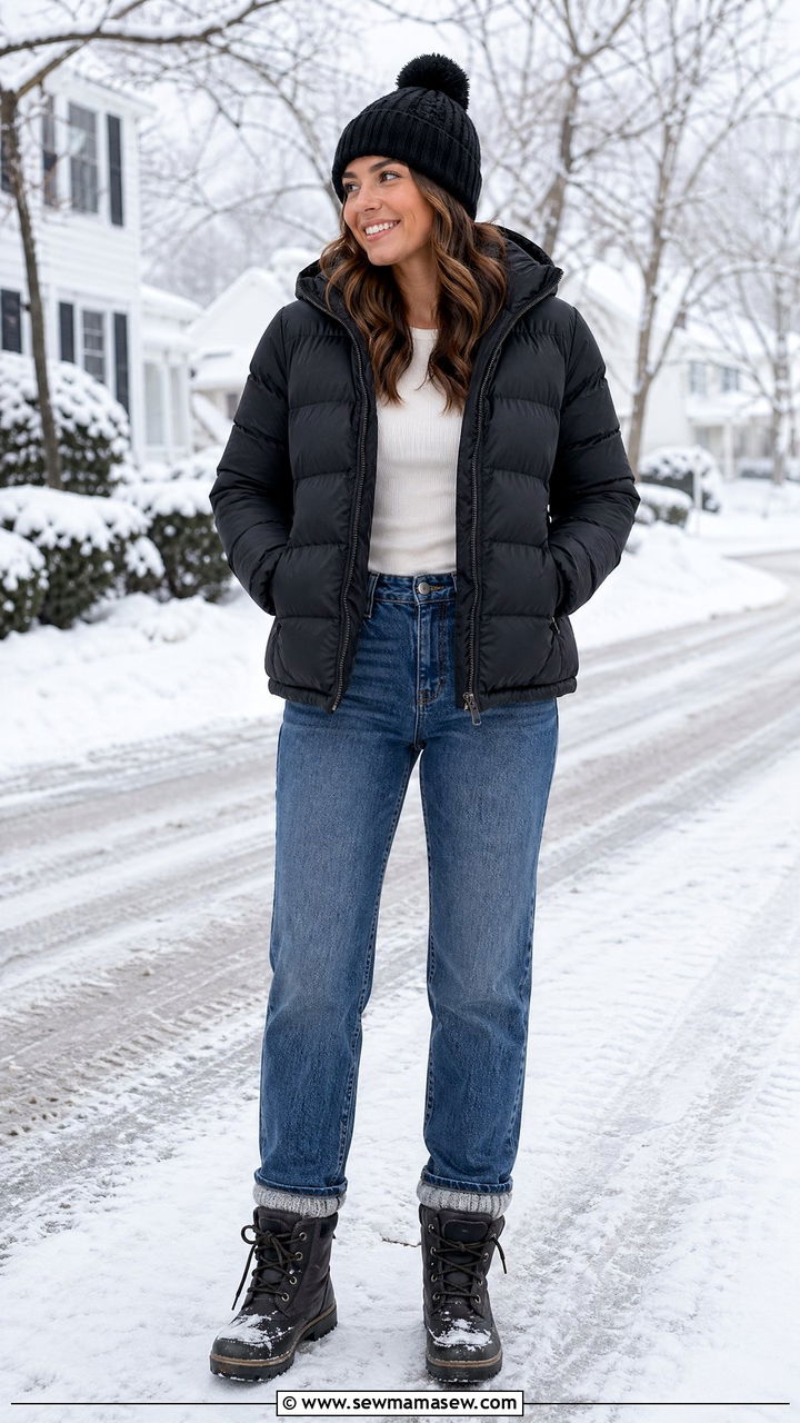 Straight Leg Jeans with Puffer Jacket and Snow Boots - 35 straight leg jeans outfit ideas