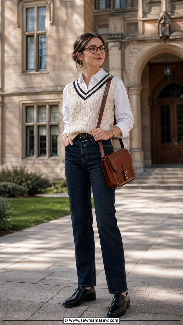 Straight Leg Jeans with Sweater Vest and Oxford Shoes - 35 straight leg jeans outfit ideas