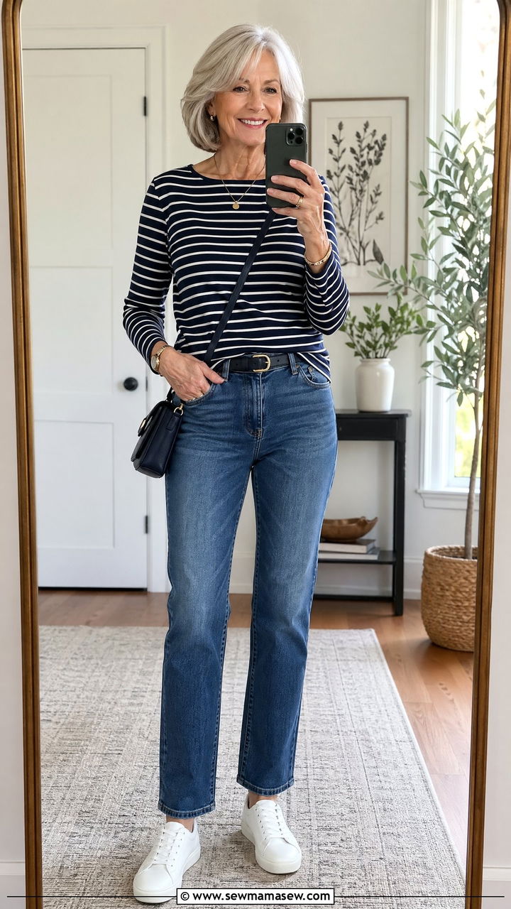 Straight Leg Jeans with a Striped Long Sleeve Tee - 35 Casual outfits for women over 60