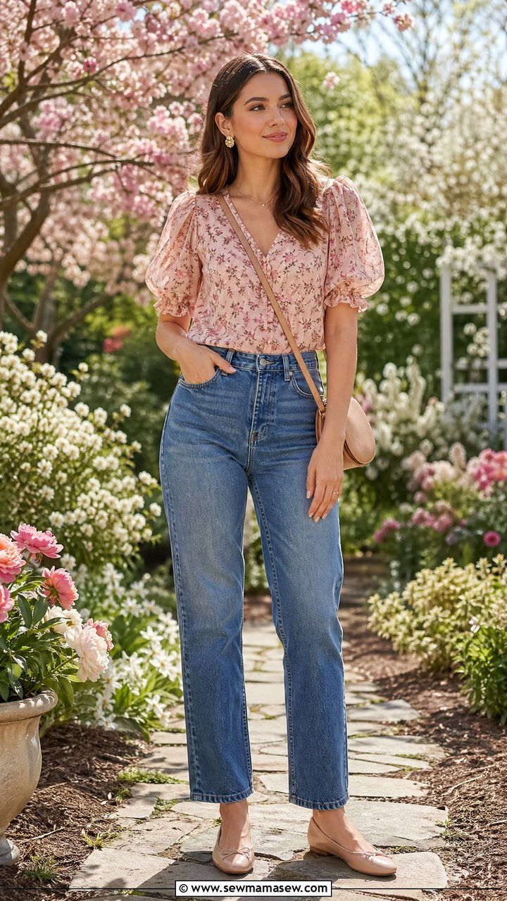 Straight leg jeans and floral blouse outfit - 35 Spring outfits for young women