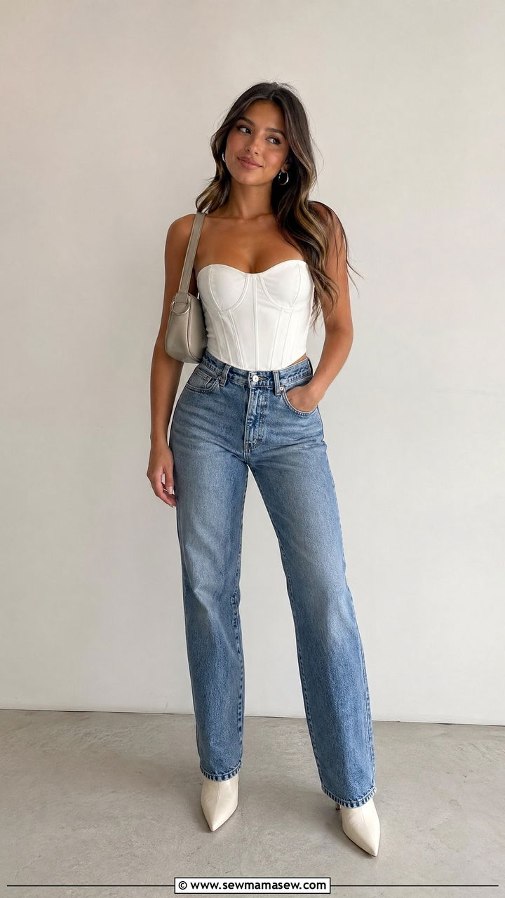 Straight leg jeans and white corset top concert outfit - 35 cute concert outfits