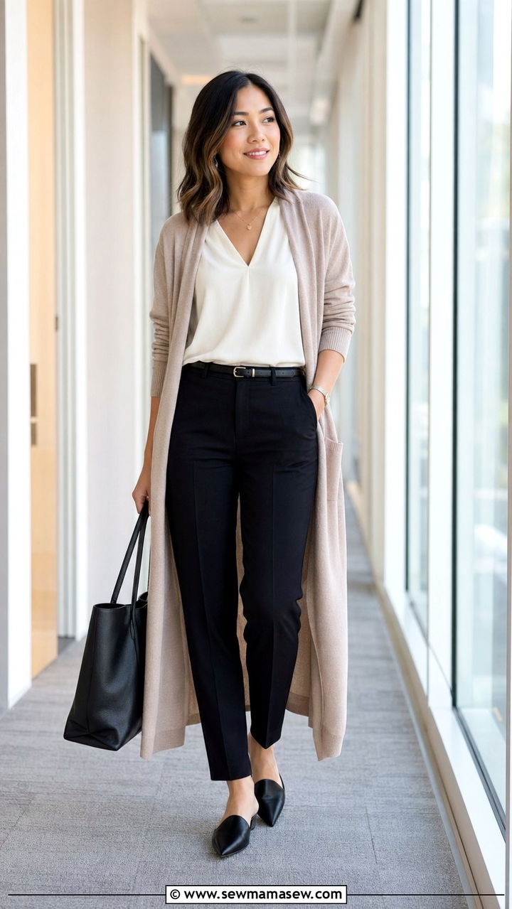 Straight leg trousers with a sleeveless blouse and belt - 30 work outfits for short women