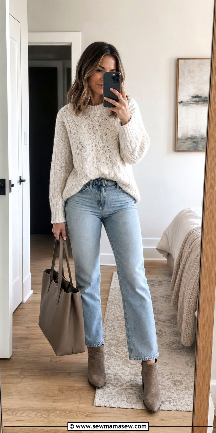 StraightLeg Jeans With a Chunky Knit Sweater - 35 School drop off outfit ideas