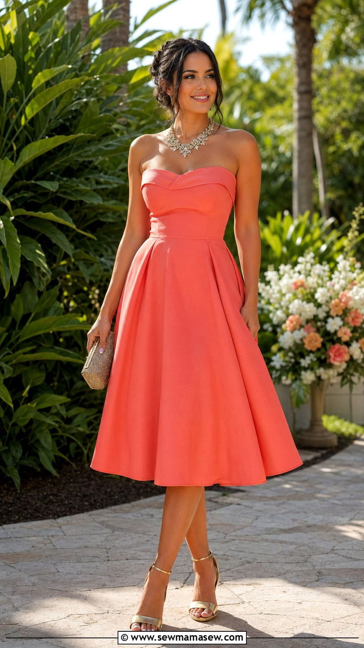 Strapless A Line Dress with Statement Necklace - 30 wedding guest outfits for hourglass body