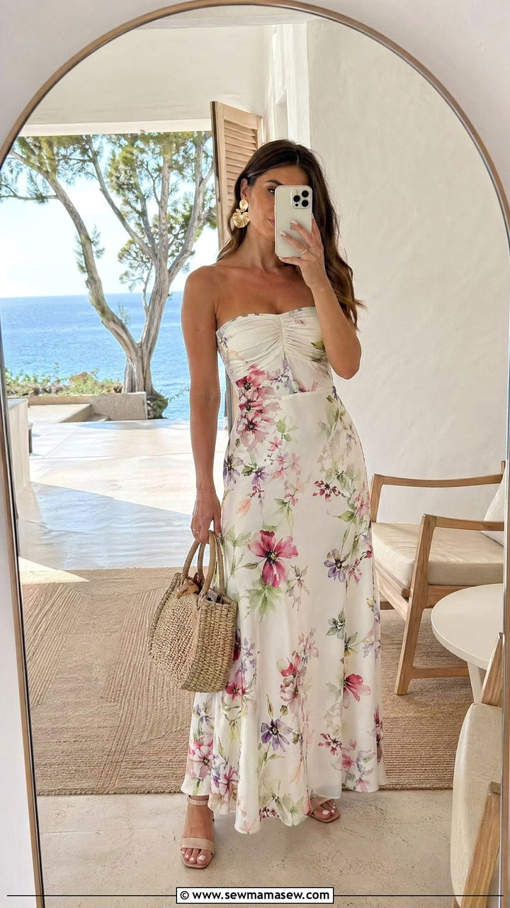Strapless Floral Print Maxi Dress with Woven Bag - 35 spring wedding guest outfit ideas for women