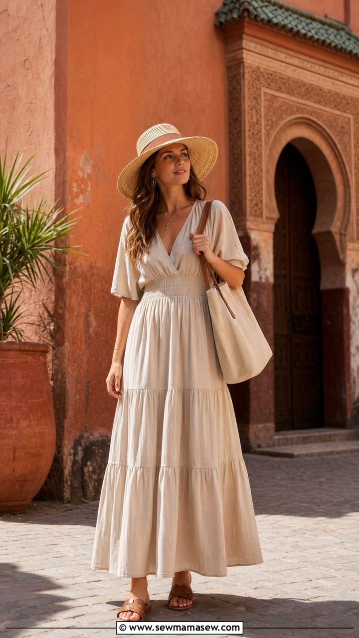 Straw hat with tiered maxi dress and slide sandals - 35 Morocco vacation outfit ideas