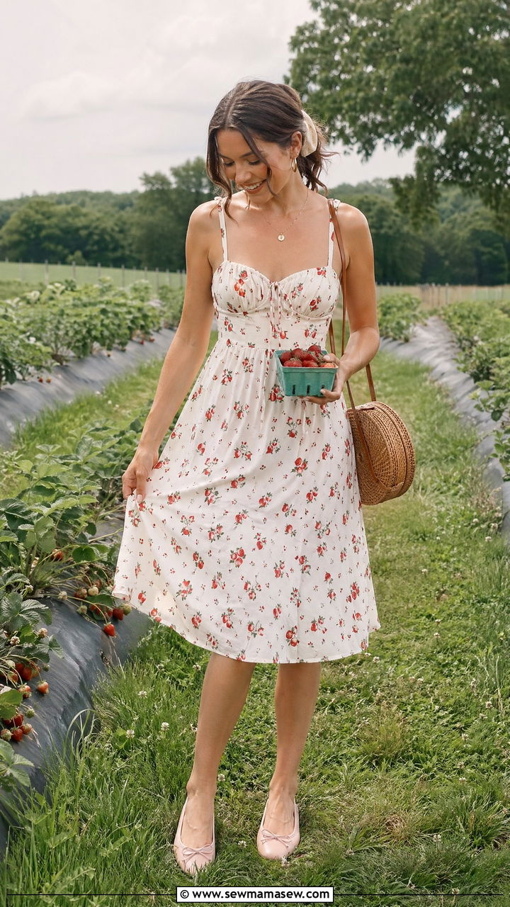 Strawberry Print Sundress With Ballet Flats - 35 Cottagecore outfit ideas