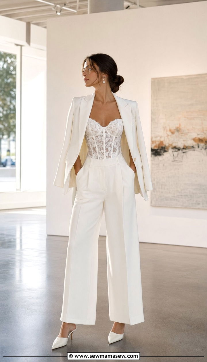 Street Bride Lace Corset Top With White Wide Leg Trousers - 30 Aesthetic outfit ideas 2026