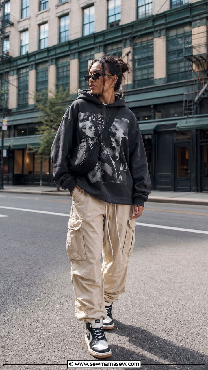 Streetwear oversized graphic hoodie and parachute pants outfit - 35 Pinterest outfits