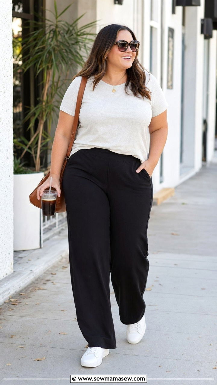 Stretch Wide Leg Pants with Fitted Cotton Tee - 35 Plus size mom outfit ideas