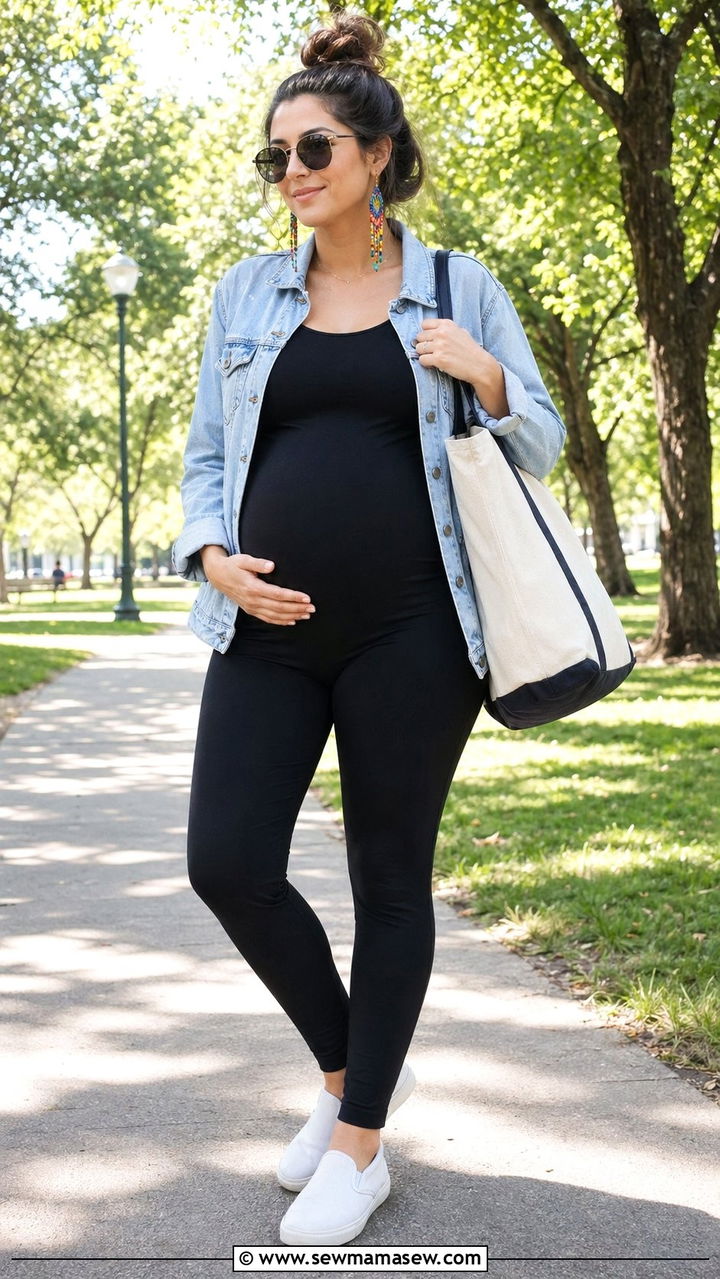 Stretchy Jumpsuit And Jean Jacket Outfit - 35 pregnancy outfit ideas
