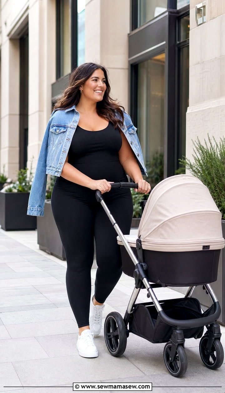 Stretchy Jumpsuit With A Cropped Denim Jacket - 35 Postpartum outfit ideas plus size