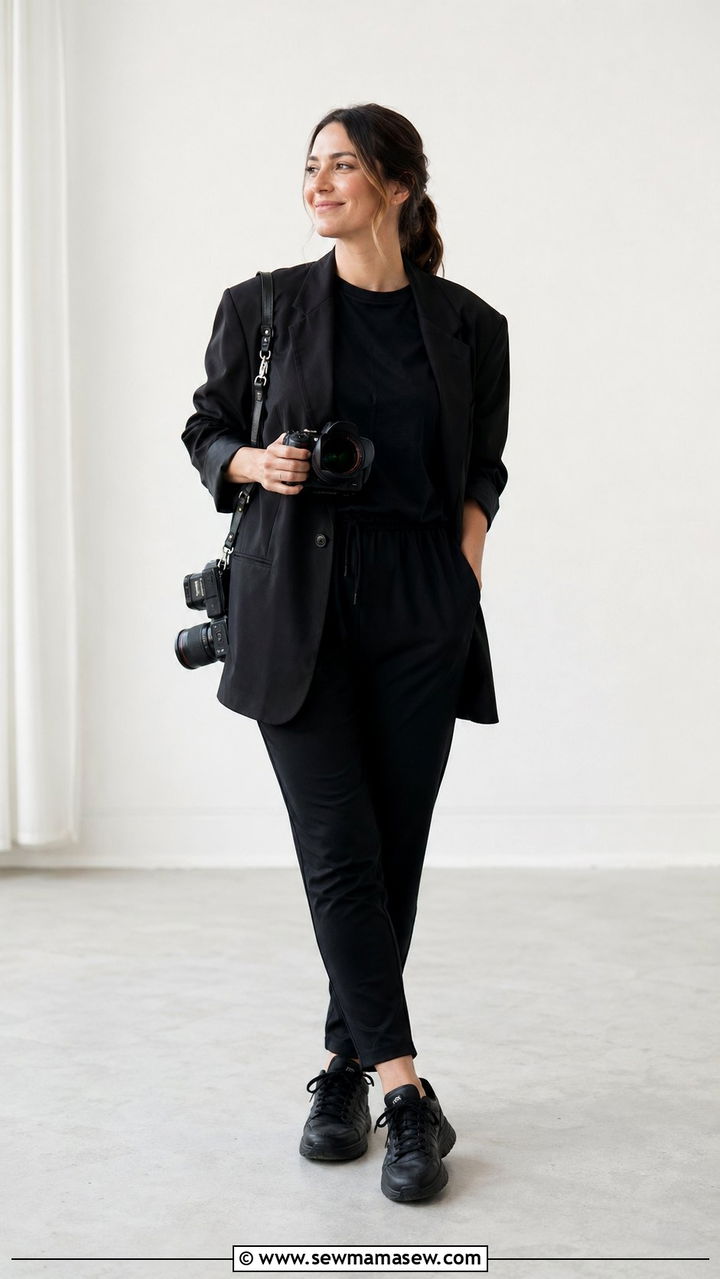 Stretchy Trousers With a Relaxed Tee and an Oversized Blazer - 30 Wedding photographer outfit ideas
