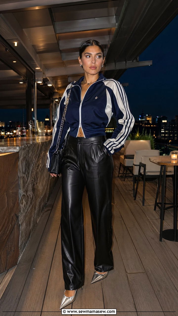 Stripe Track Jacket with Leather Trousers and Heels Outfit - 35 sporty chic outfits