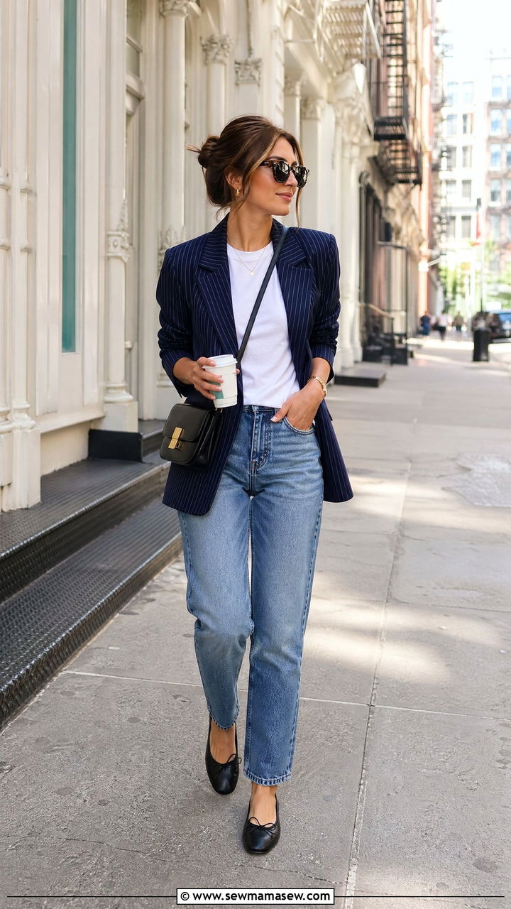 Striped Blazer With White Tee And Ballet Flats - 35 Spring New York outfit ideas