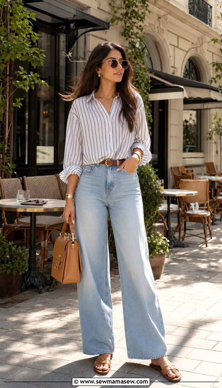 Striped Blouse and High Waisted Denim - 35 modest classy outfits